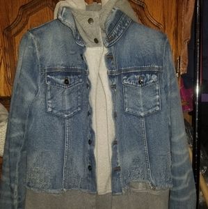 Free People Jean Jacket with Grey Hoodie Attached